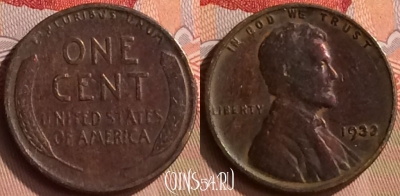 США 1 цент 1932 года, редкая, KM# 132, 421-009