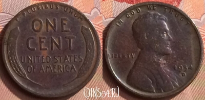 США 1 цент 1934 года D, KM# 132, 421-049