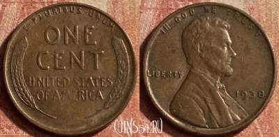 США 1 цент 1938 года, KM# 132, 123p-078 ♛