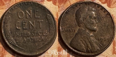 США 1 цент 1939 года, KM# 132, 290s-006