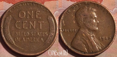 США 1 цент 1942 года D, KM# 132, 124b-068