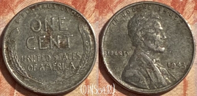 США 1 цент 1943 года, KM# 132a, 488р-016