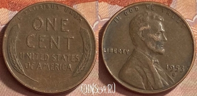 США 1 цент 1953 года D, KM# 132, 419o-094