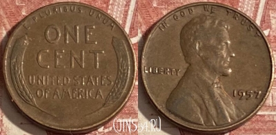 США 1 цент 1957 года, KM# 132, 351r-090