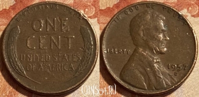 США 1 цент 1957 D, KM# 132, 494р-048