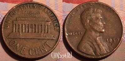 США 1 цент 1959 года D, KM# 201, 241b-034