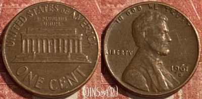 США 1 цент 1961 года D, KM# 201, 475r-114