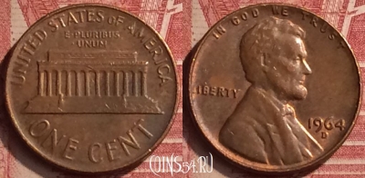 США 1 цент 1964 года D, KM# 201, 052n-153