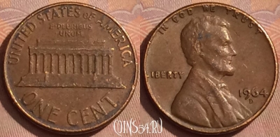 США 1 цент 1964 года D, KM# 201, 376k-061