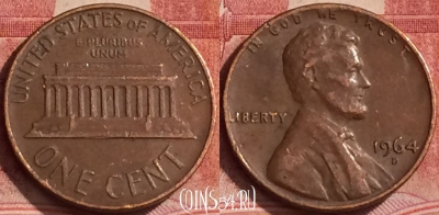 США 1 цент 1964 года D, KM# 201, 380k-027