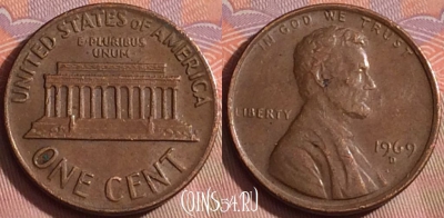 США 1 цент 1969 года D, KM# 201, 239k-022