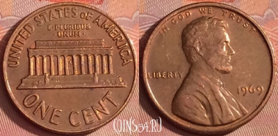 США 1 цент 1969 года, KM# 201, 332l-027