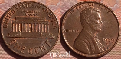 США 1 цент 1969 года D, KM# 201, 119b-085