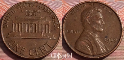 США 1 цент 1969 года S, редкая, KM# 201, 114b-045