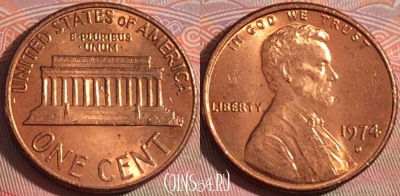 США 1 цент 1974 года D, KM# 201, 115b-004
