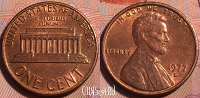 США 1 цент 1977 года D, KM# 201, 118b-034