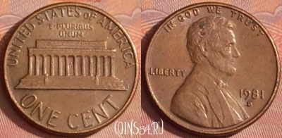 США 1 цент 1981 года D, KM# 201, 334l-014