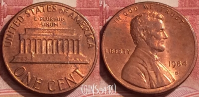 США 1 цент 1984 года D, KM# 201b, 379k-085