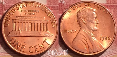 США 1 цент 1986 года, KM# 201b, 147l-004