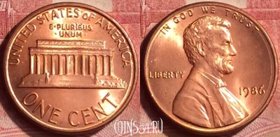 США 1 цент 1986 года, KM# 201b, 369l-004