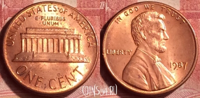 США 1 цент 1987 года, KM# 201b, 369l-019