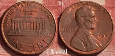 США 1 цент 1987 года, KM# 201b, 380k-085