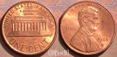 США 1 цент 1988 года D, KM# 201b, 127l-077