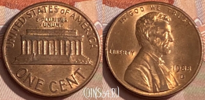 США 1 цент 1988 года D, KM# 201b, 472r-005