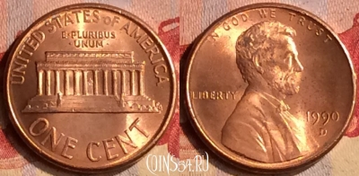 США 1 цент 1990 года D, KM# 201b, 403-019