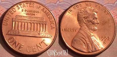 США 1 цент 1992 года D, KM# 201b, 093l-062