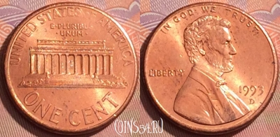 США 1 цент 1993 года D, KM# 201b, 202l-004