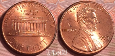 США 1 цент 1993 года D, KM# 201b, 203k-003