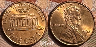 США 1 цент 1994 D, KM# 201b, 295s-130