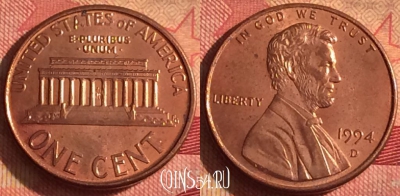 США 1 цент 1994 года D, KM# 201b, 244i-192