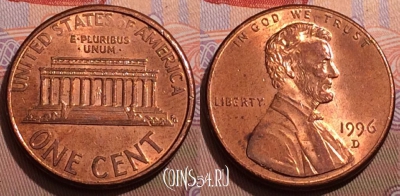 США 1 цент 1996 года D, KM# 201b, 241b-055