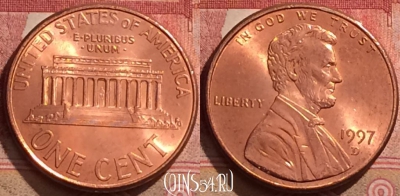 США 1 цент 1997 года D, KM# 201b, 287k-044