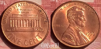 США 1 цент 1999 года D, KM# 201b, 361l-124