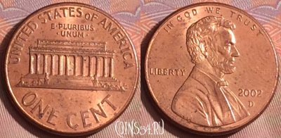 США 1 цент 2002 года D, KM# 201b, 241k-077