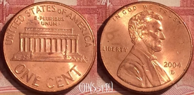 США 1 цент 2004 года D, KM# 201b, 390-116