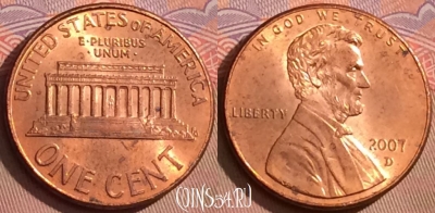 США 1 цент 2007 года D, KM# 201b, 093l-064