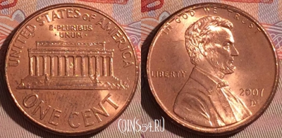 США 1 цент 2007 года D, KM# 201b, 070c-096