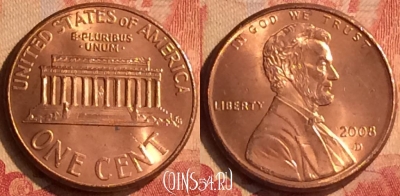 США 1 цент 2008 года D, KM# 201b, 047n-033