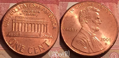США 1 цент 2008 года D, KM# 201b, 285k-144