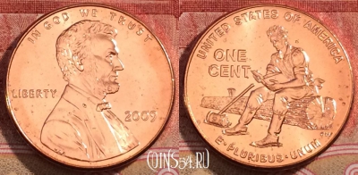 США 1 цент 2009 года, KM# 442, aUNC, 228-109