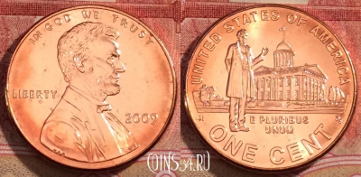 США 1 цент 2009 года, KM# 443, UNC, 228-110