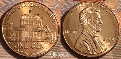 США 1 цент 2009 D, KM# 444, UNC, 512s-072