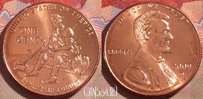 США 1 цент 2009 года D, KM# 442, UNC, 269-045