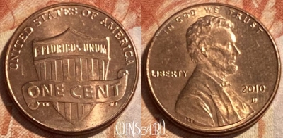 США 1 цент 2010 D, KM# 468, 493р-104
