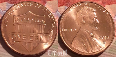 США 1 цент 2010 года D, KM# 468, UNC, 269-047