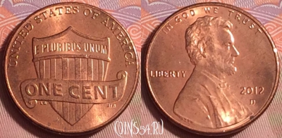 США 1 цент 2012 года D, KM# 468, 219k-126